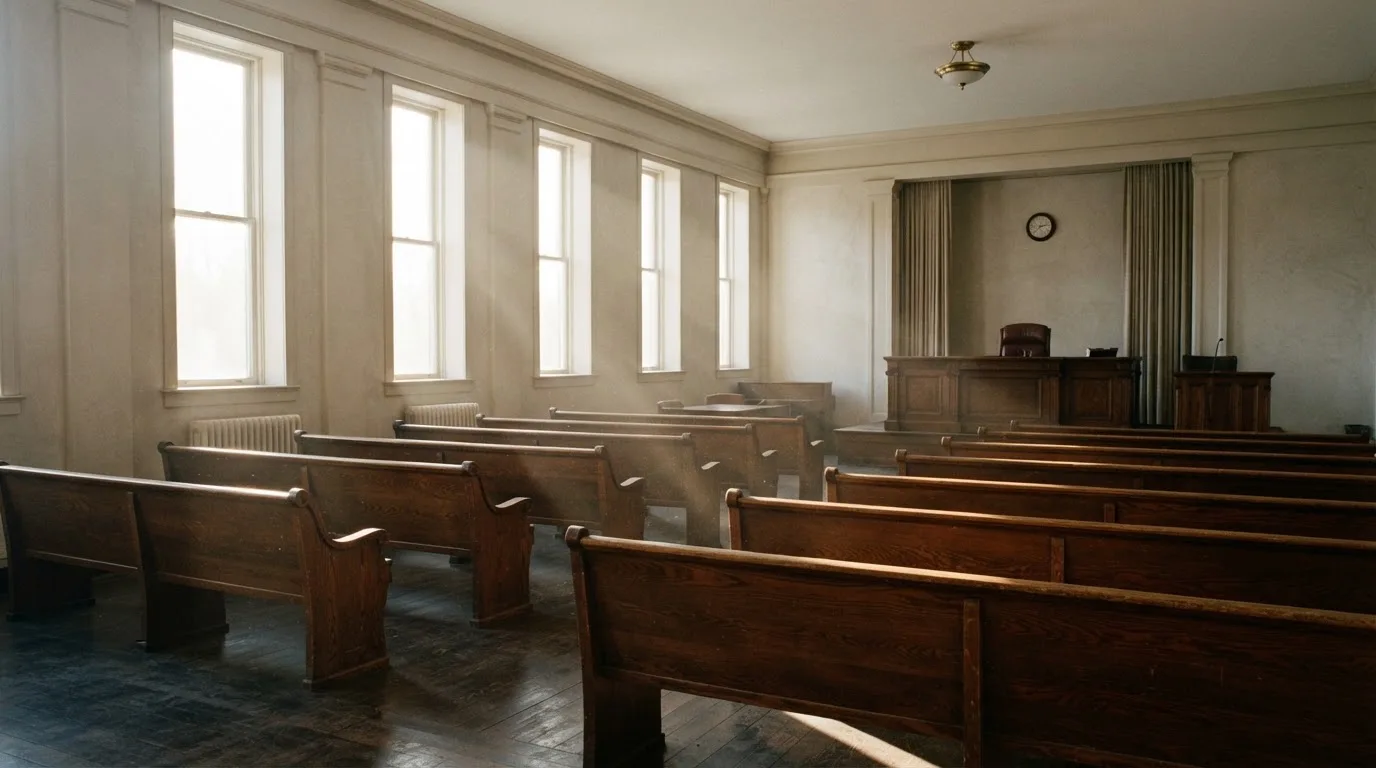 An empty courtroom with wooden benches in morning light