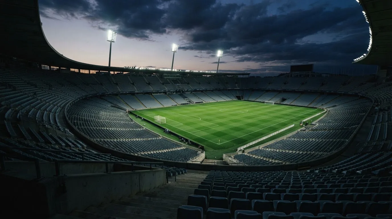 An empty football stadium with floodlight masts at dusk