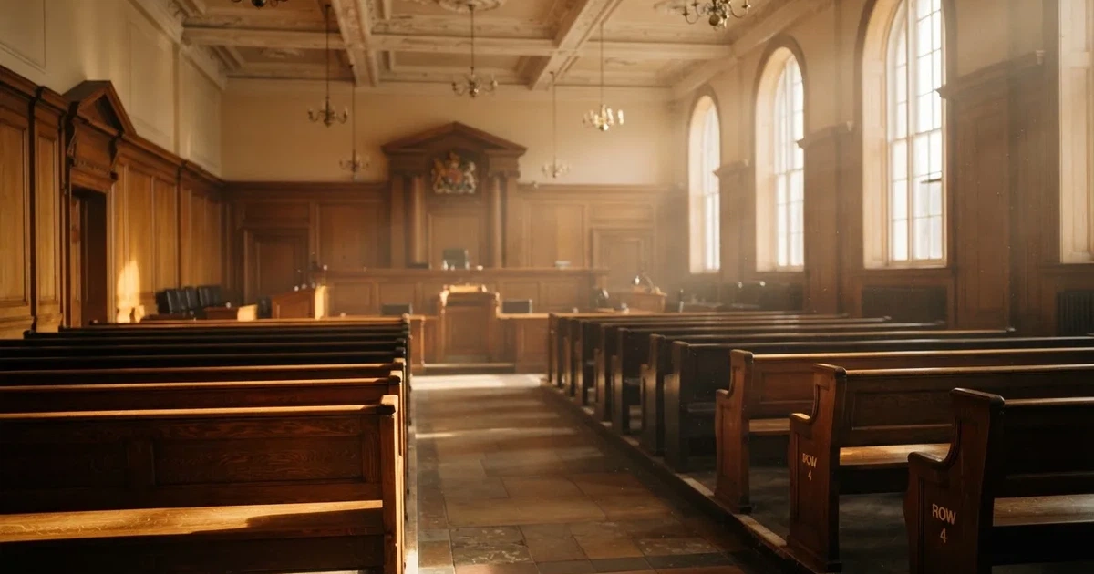 An empty courtroom with wooden benches in morning light