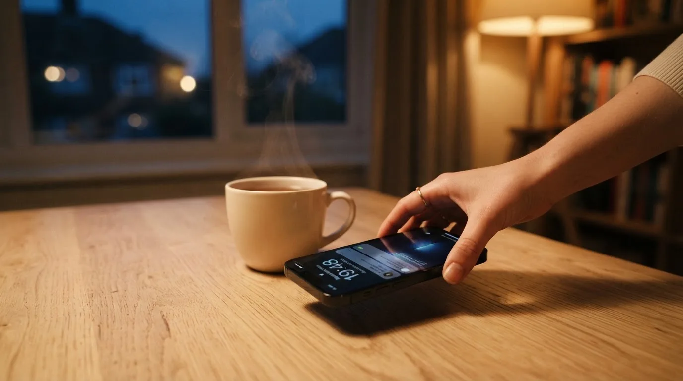A hand setting a smartphone down beside a cup of tea on a kitchen table on a quiet evening