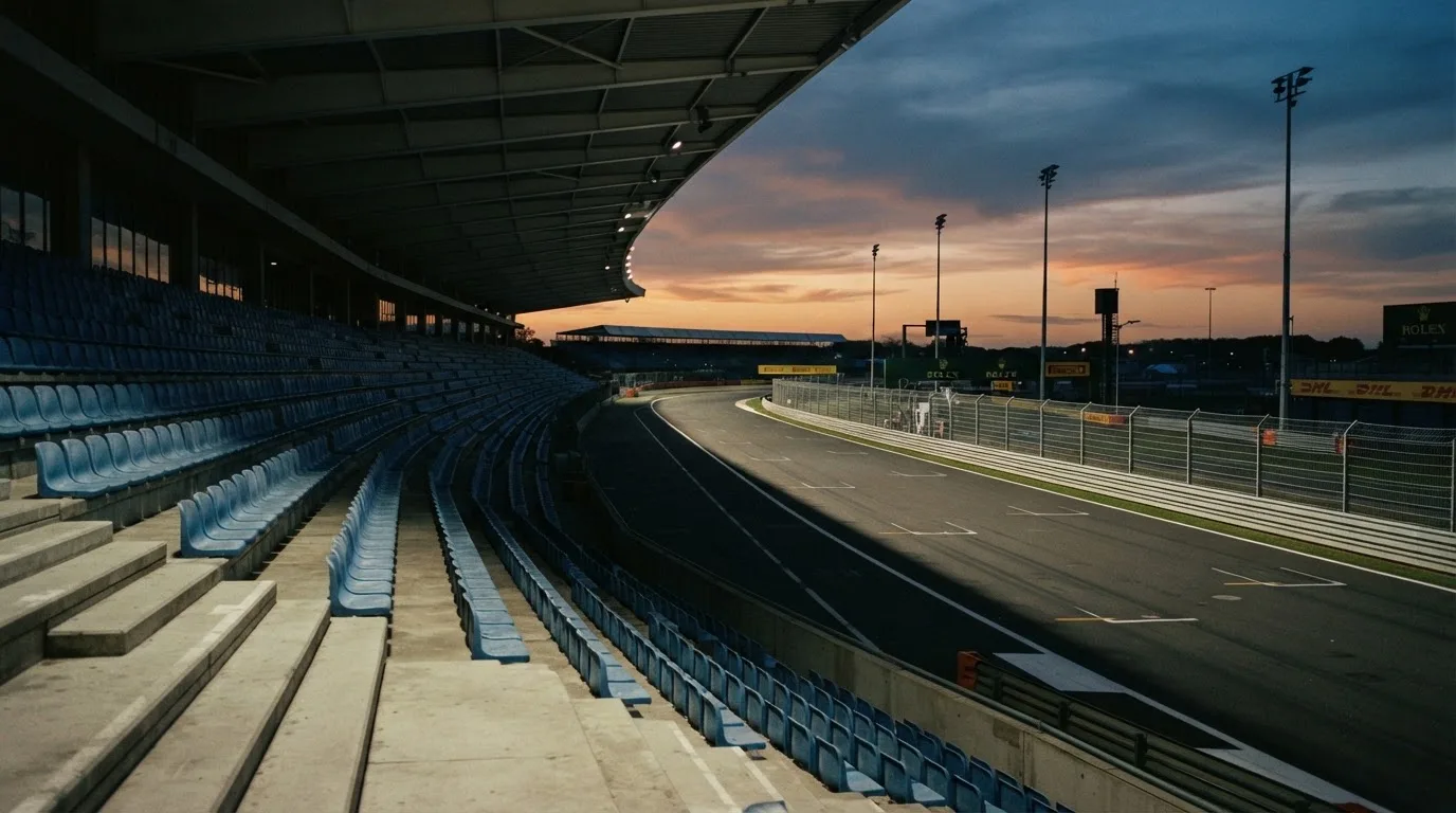 An empty football stadium with floodlight masts at dusk
