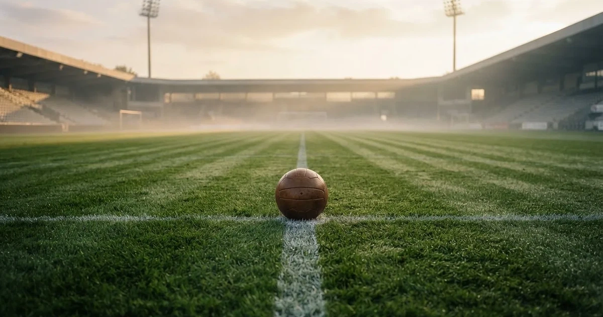 A ball on the centre spot of a grass pitch in morning light