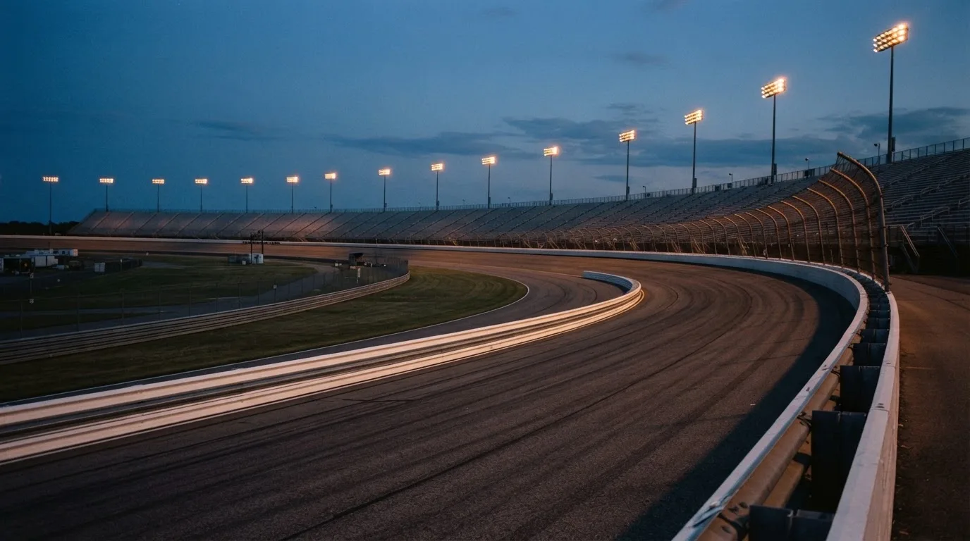 An empty football stadium with floodlight masts at dusk