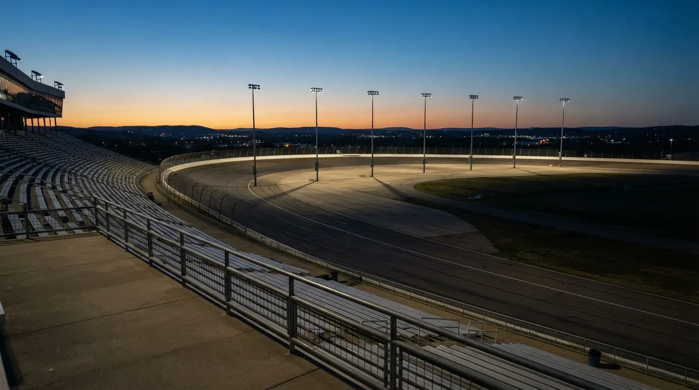 An empty football stadium with floodlight masts at dusk