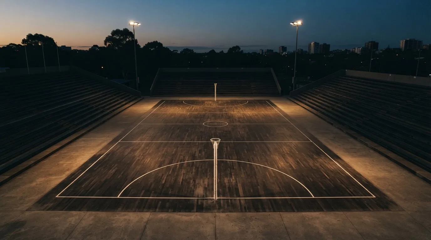 An empty football stadium with floodlight masts at dusk