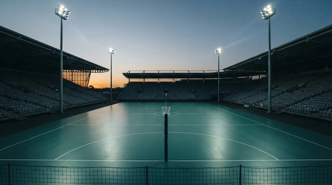An empty football stadium with floodlight masts at dusk