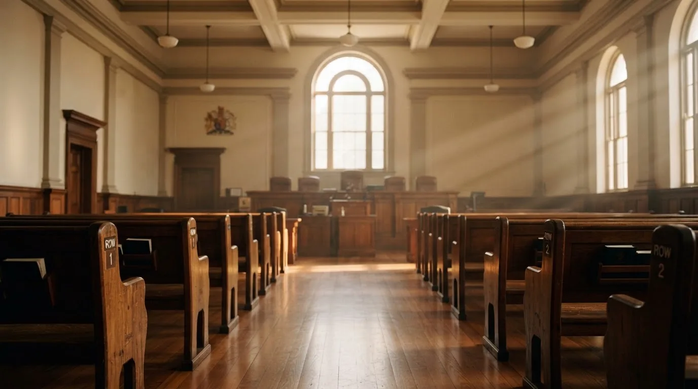 An empty courtroom with wooden benches in morning light