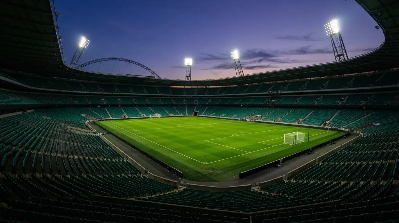 An empty football stadium with floodlight masts at dusk