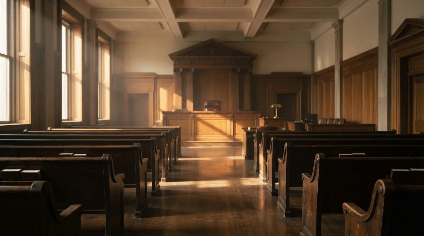 An empty courtroom with wooden benches in morning light