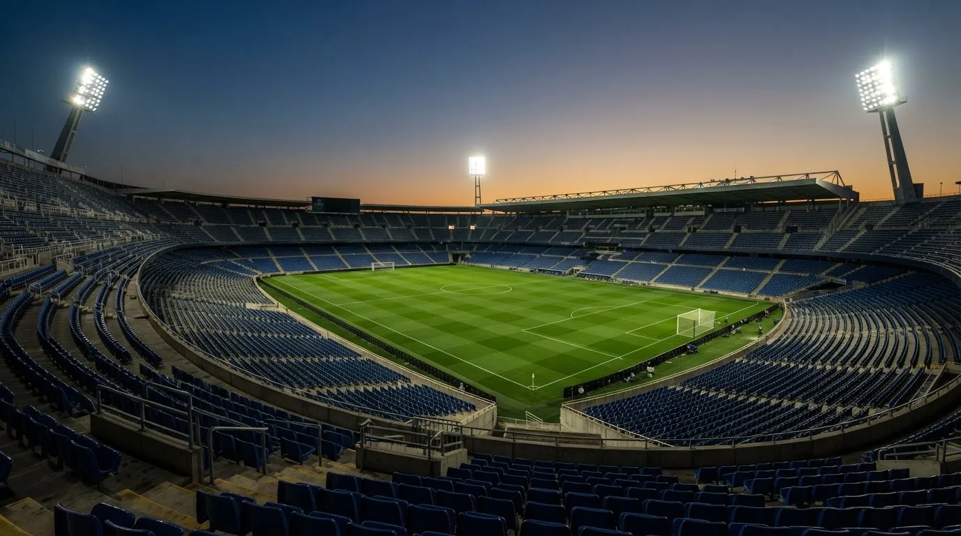 An empty football stadium with floodlight masts at dusk