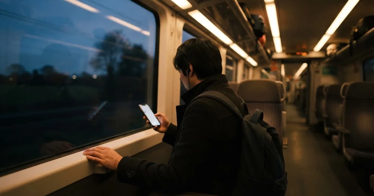 A hand holding a smartphone on a train in the evening, screen turned away