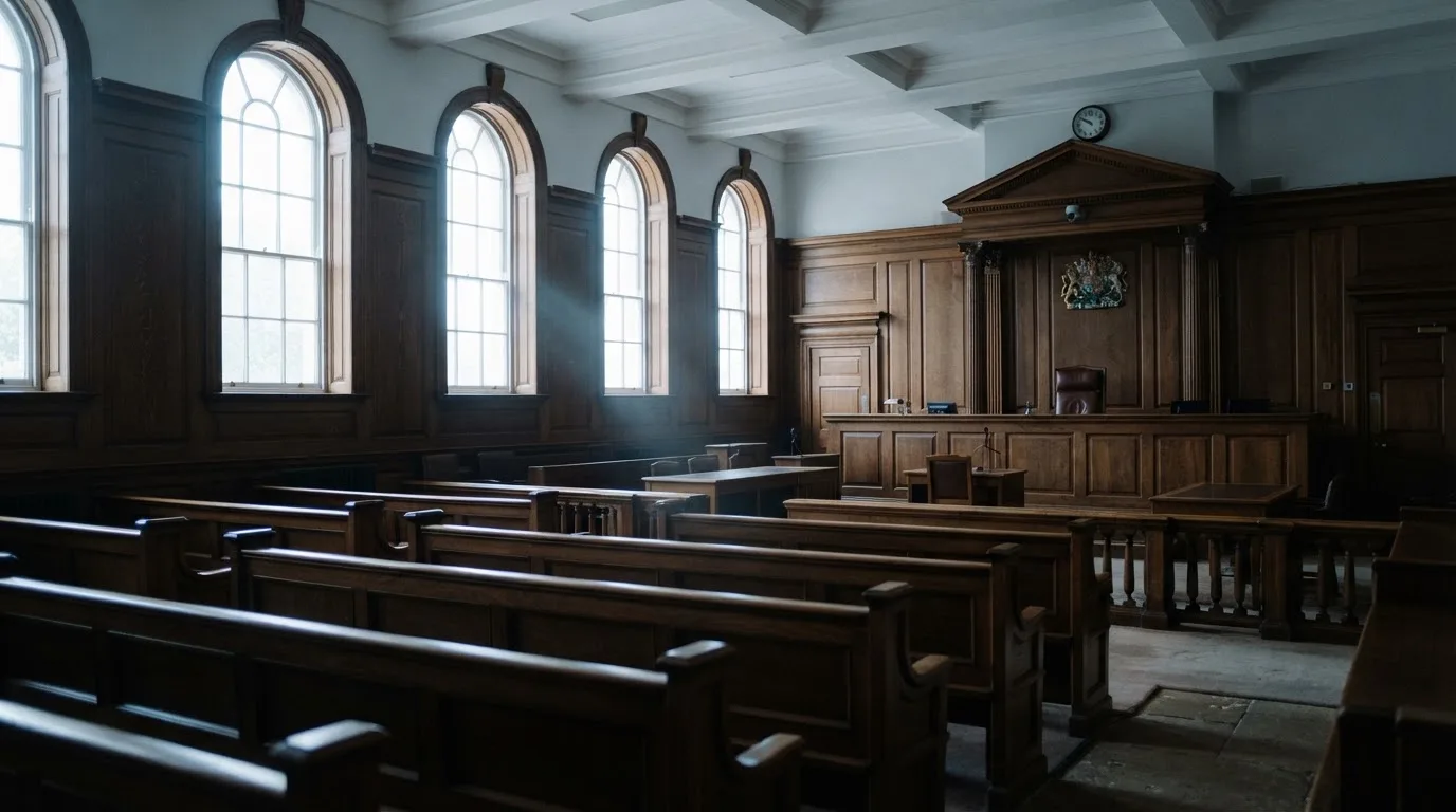 An empty courtroom with wooden benches in morning light