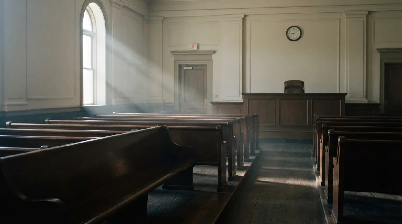 An empty courtroom with wooden benches in morning light