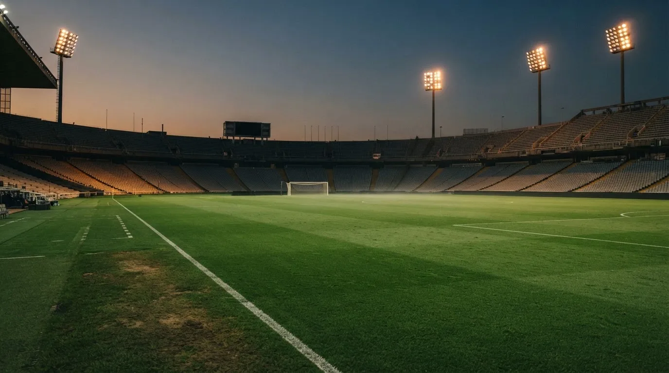 An empty football stadium with floodlight masts at dusk