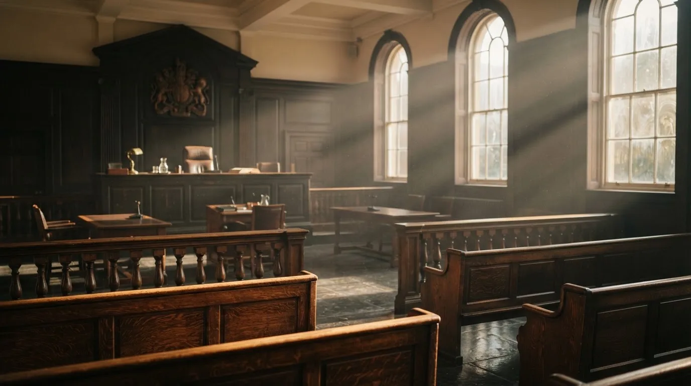 An empty courtroom with wooden benches in morning light