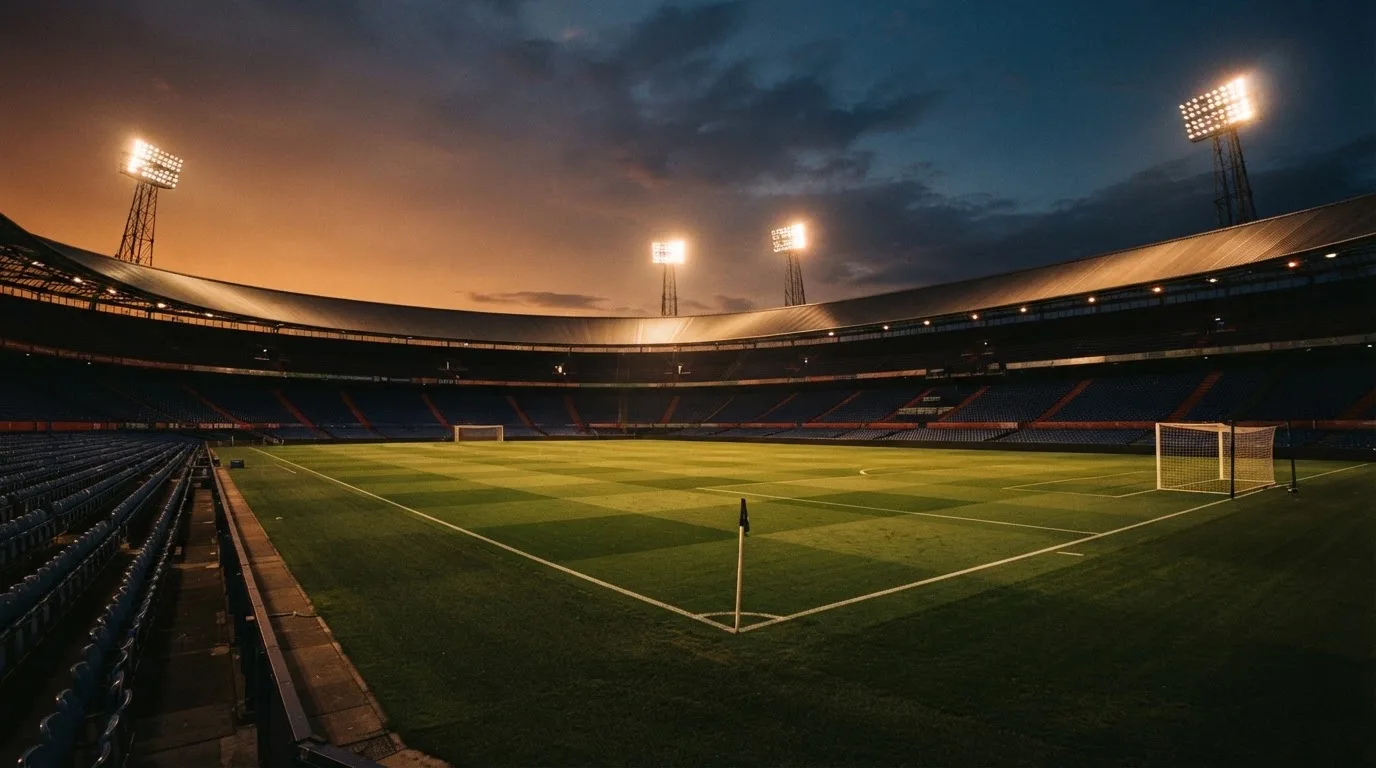 An empty football stadium with floodlight masts at dusk