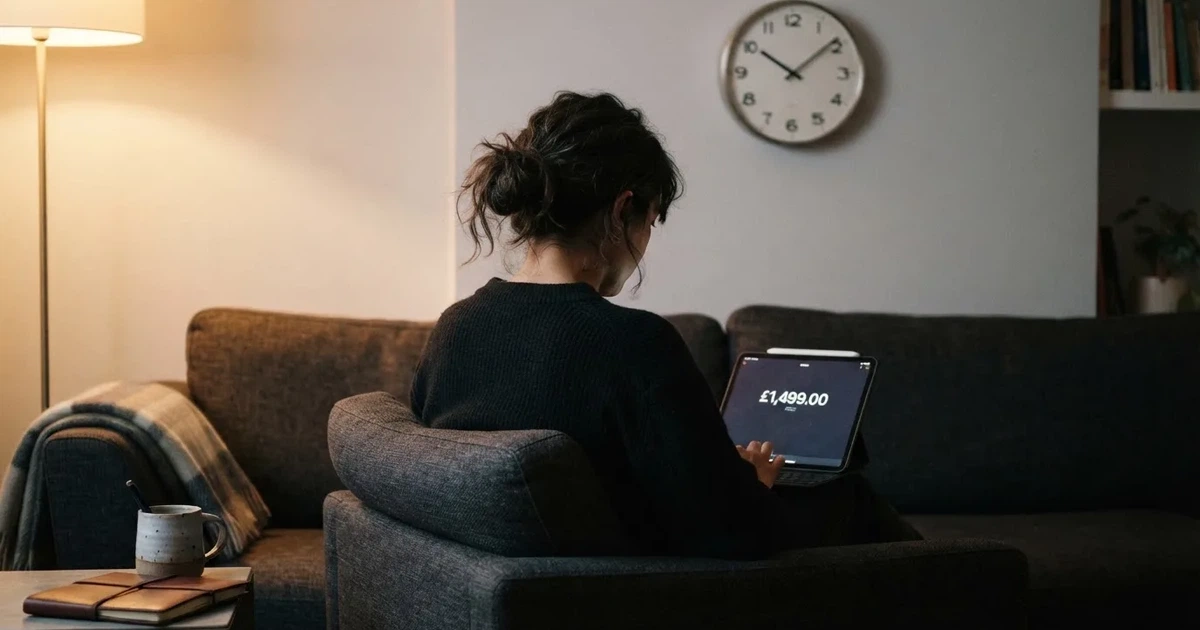 A person on a sofa looking thoughtfully at a tablet, a wall clock in the background