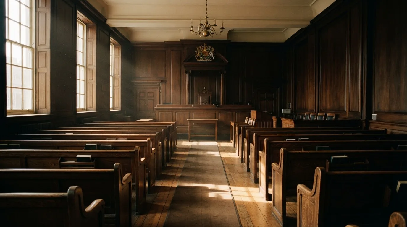 An empty courtroom with wooden benches in morning light