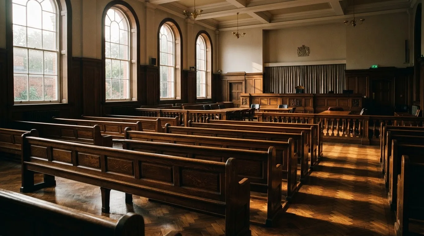An empty courtroom with wooden benches in morning light