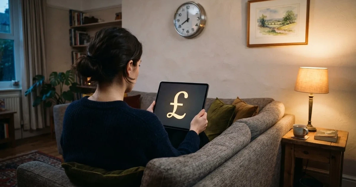 A person on a sofa looking thoughtfully at a tablet, a wall clock in the background