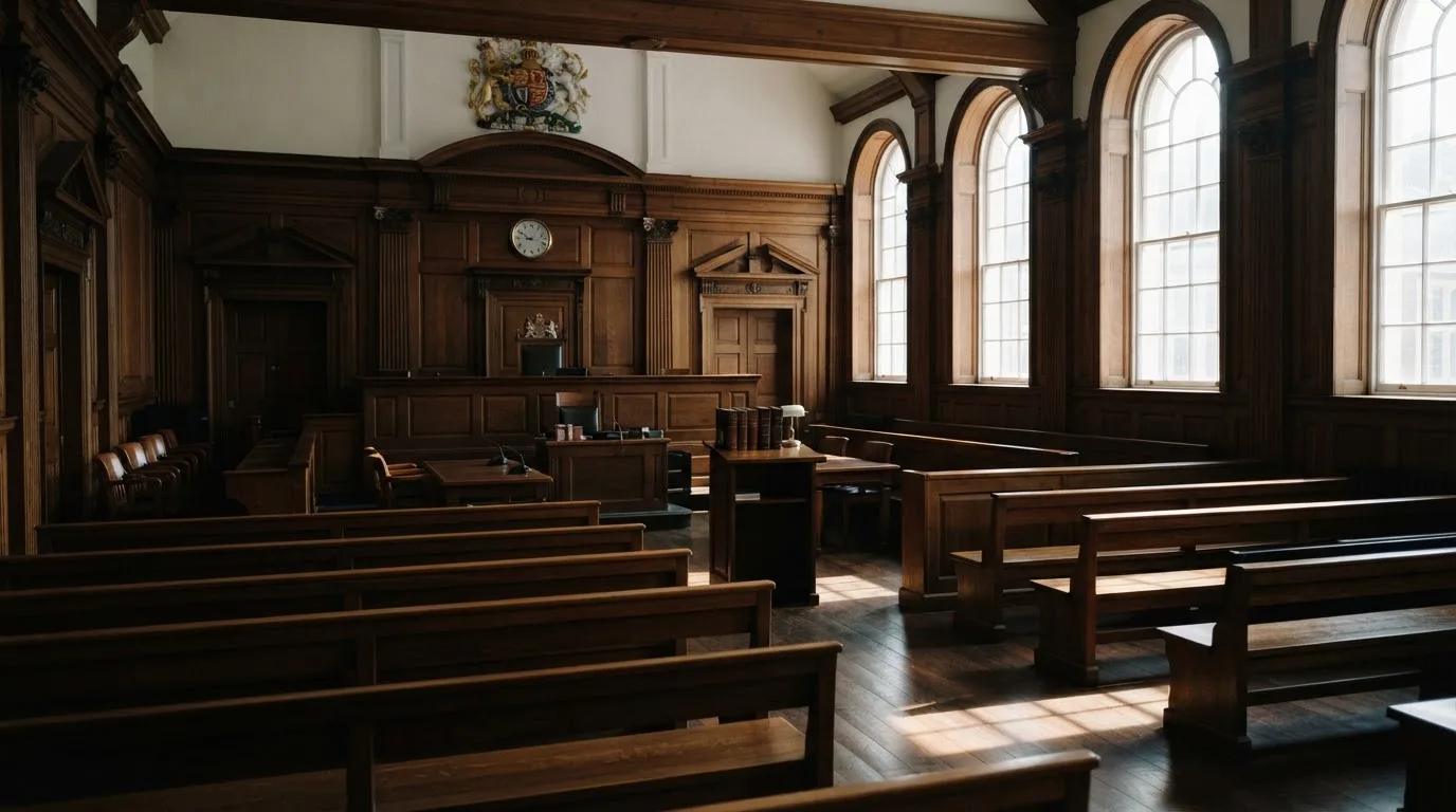 An empty courtroom with wooden benches in morning light