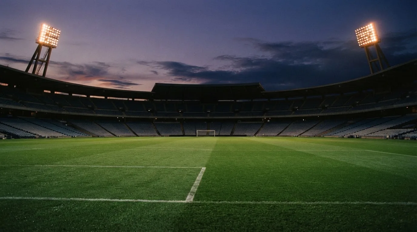 An empty football stadium with floodlight masts at dusk