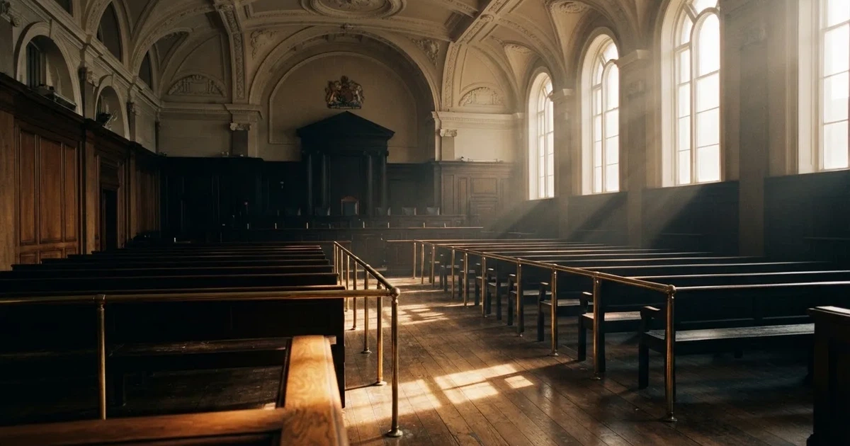 An empty courtroom with wooden benches in morning light