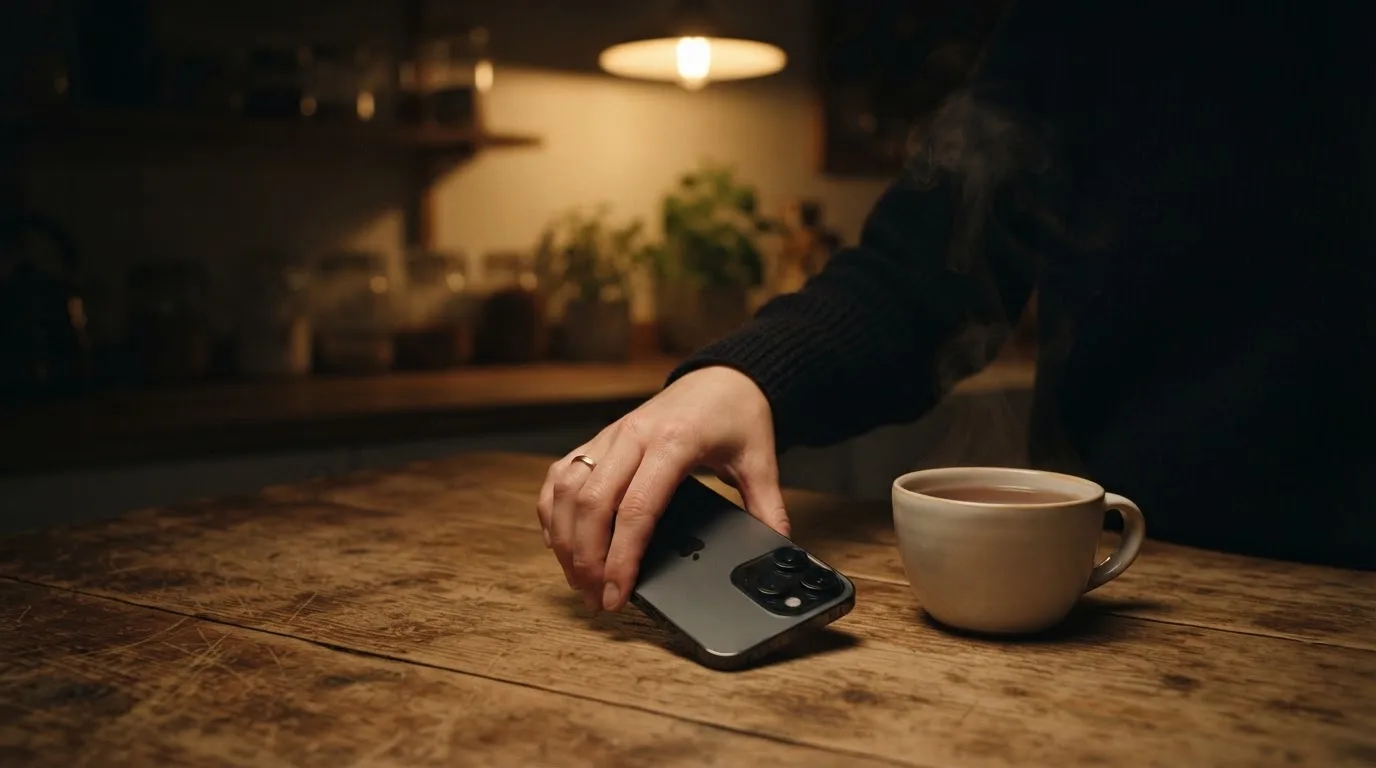 A hand setting a smartphone down beside a cup of tea on a kitchen table on a quiet evening