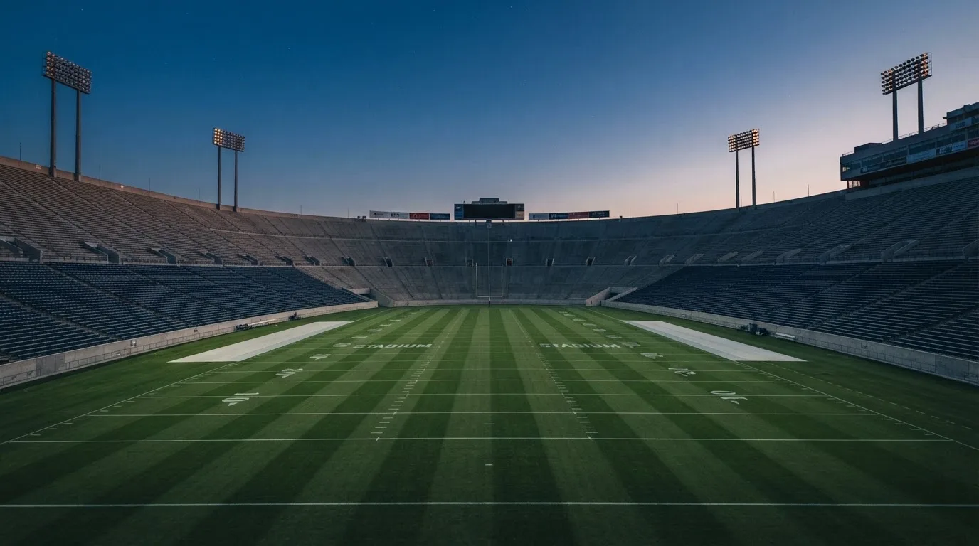 An empty football stadium with floodlight masts at dusk