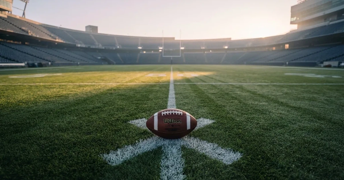 A ball on the centre spot of a grass pitch in morning light