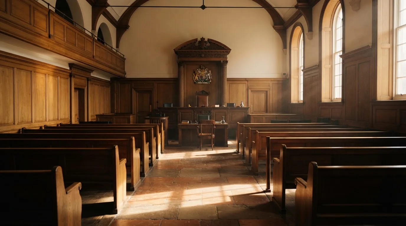 An empty courtroom with wooden benches in morning light