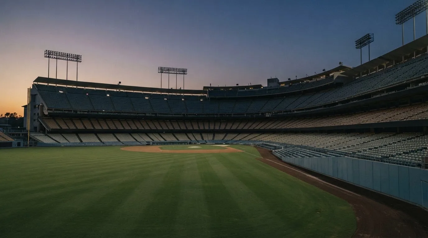 An empty football stadium with floodlight masts at dusk