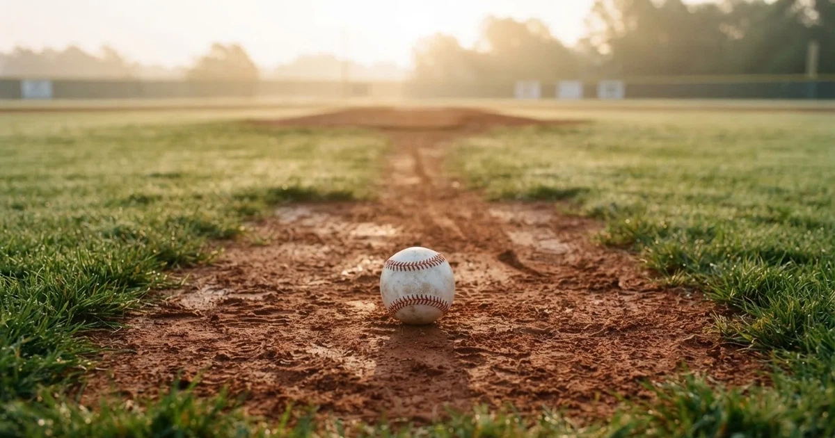 A ball on the centre spot of a grass pitch in morning light