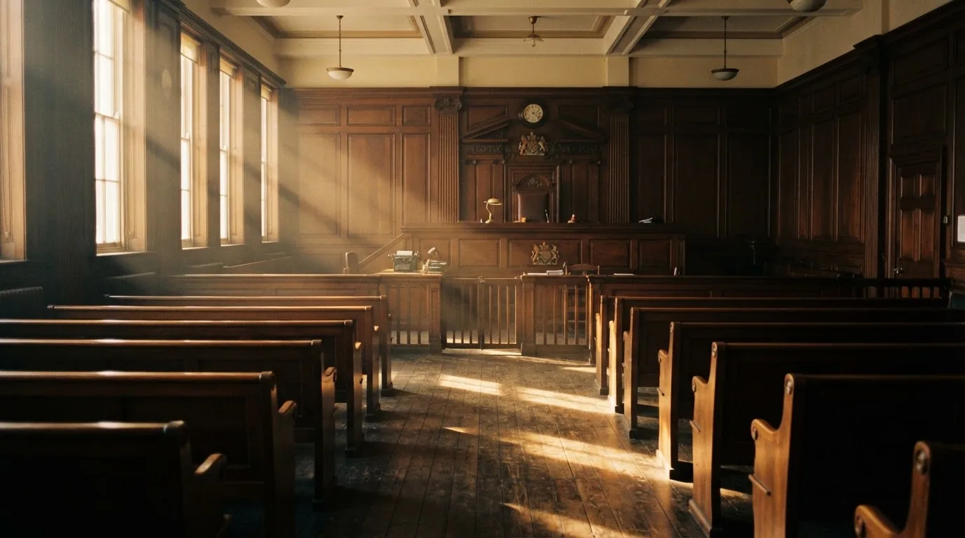 An empty courtroom with wooden benches in morning light