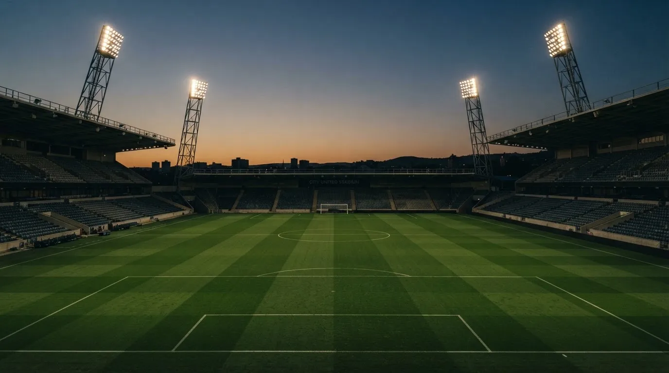An empty football stadium with floodlight masts at dusk