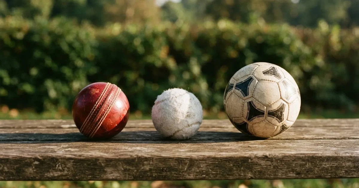 Three balls of different kinds side by side on a wooden bench