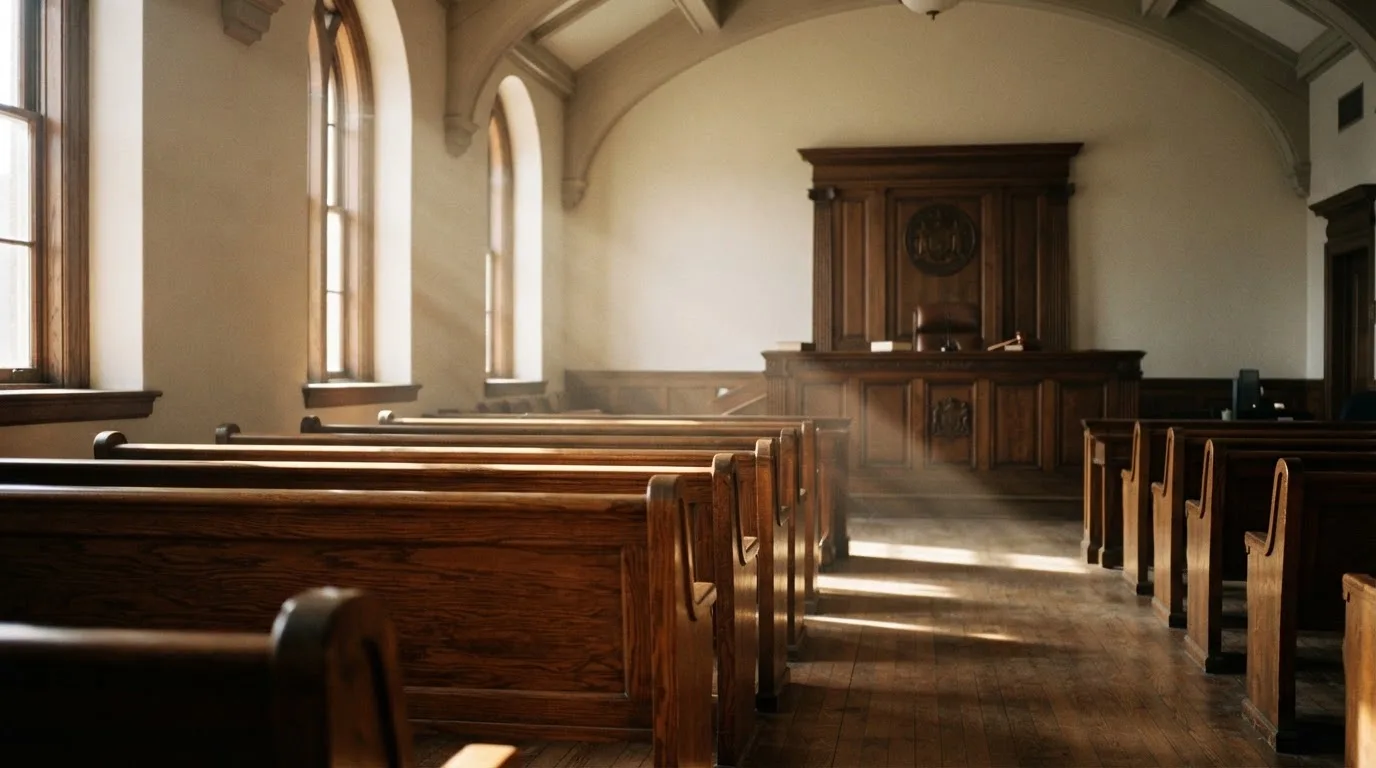 An empty courtroom with wooden benches in morning light