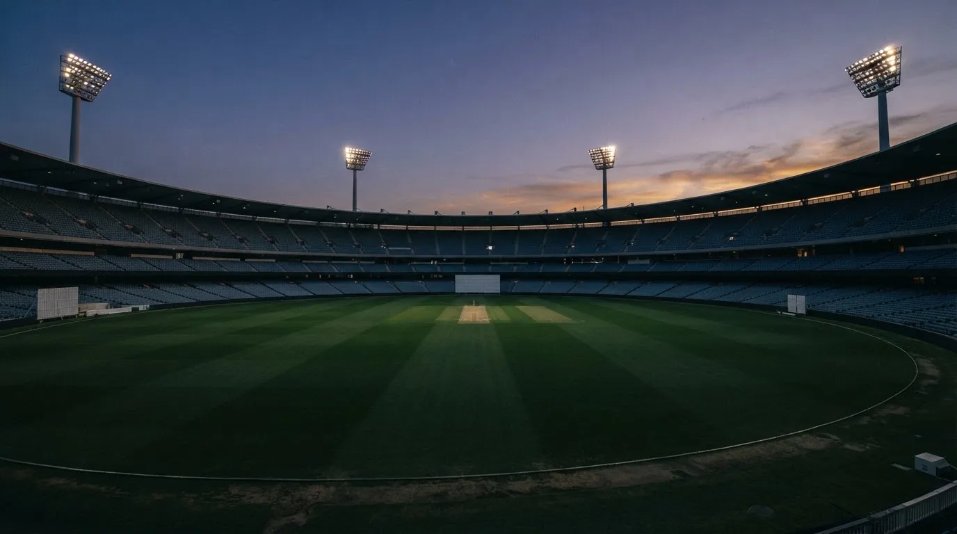 An empty football stadium with floodlight masts at dusk
