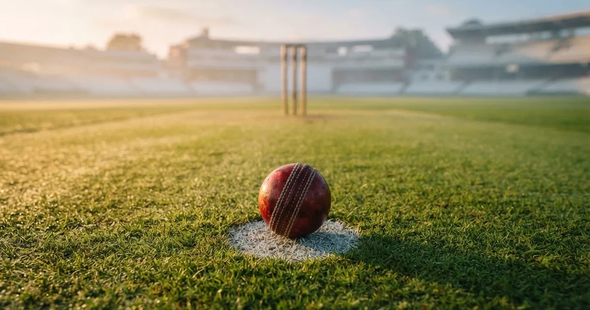 A ball on the centre spot of a grass pitch in morning light