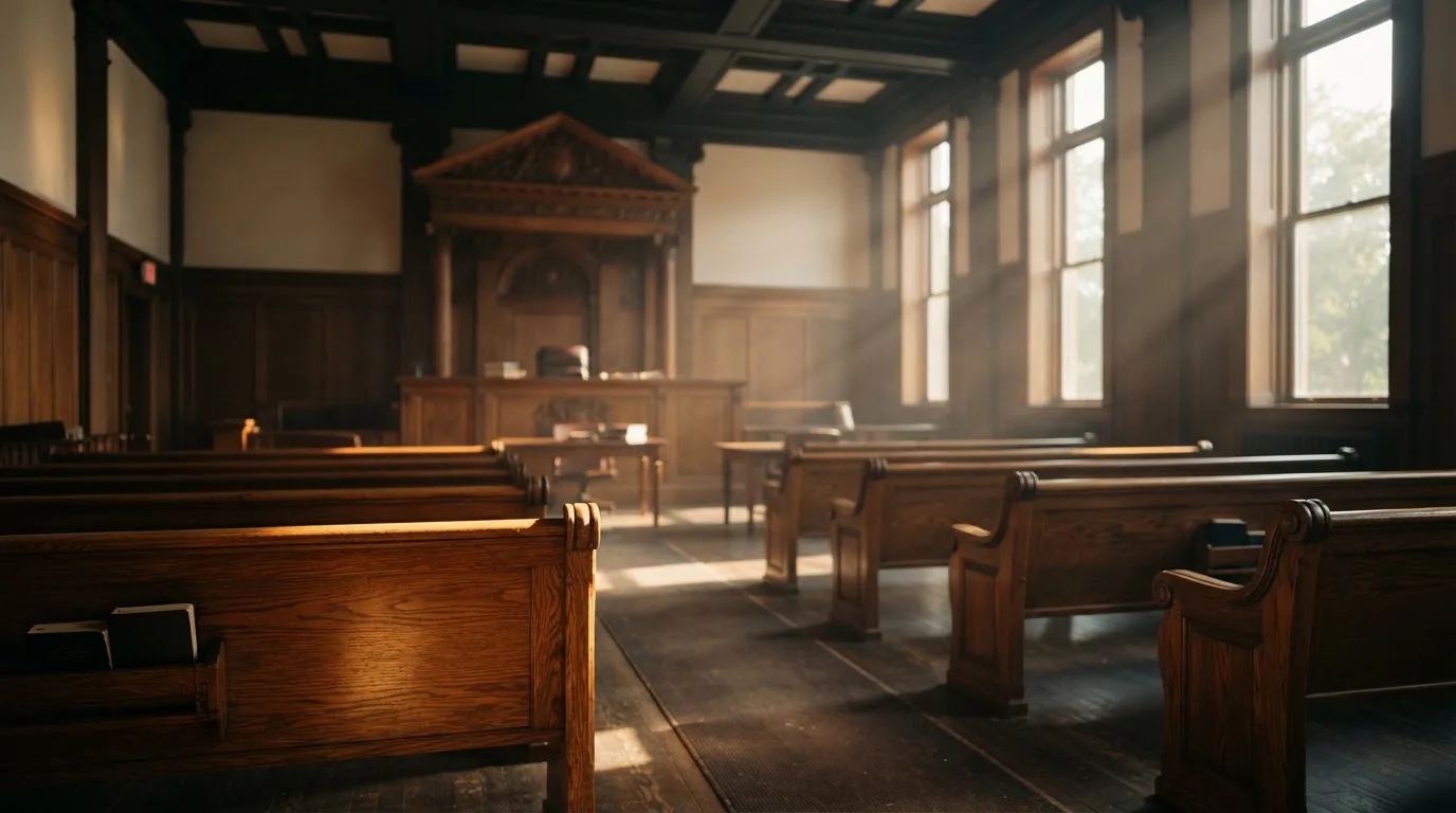 An empty courtroom with wooden benches in morning light