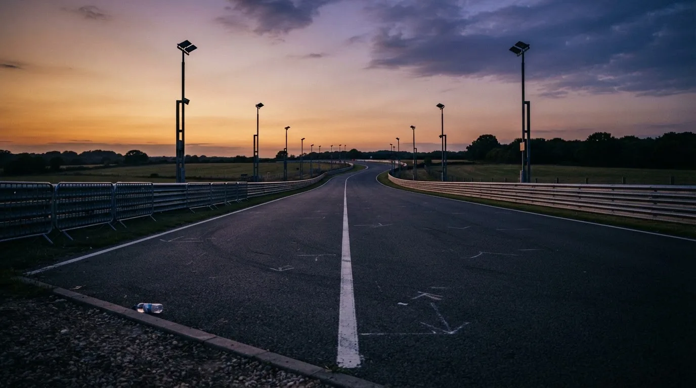 An empty football stadium with floodlight masts at dusk