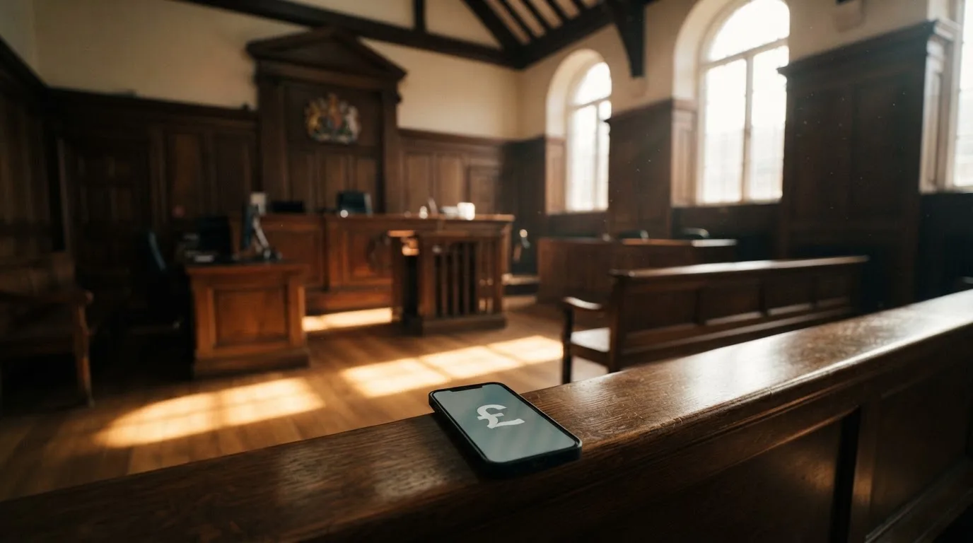 An empty courtroom with wooden benches in morning light