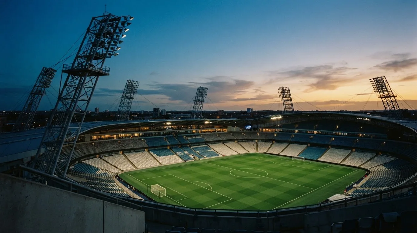 An empty football stadium with floodlight masts at dusk