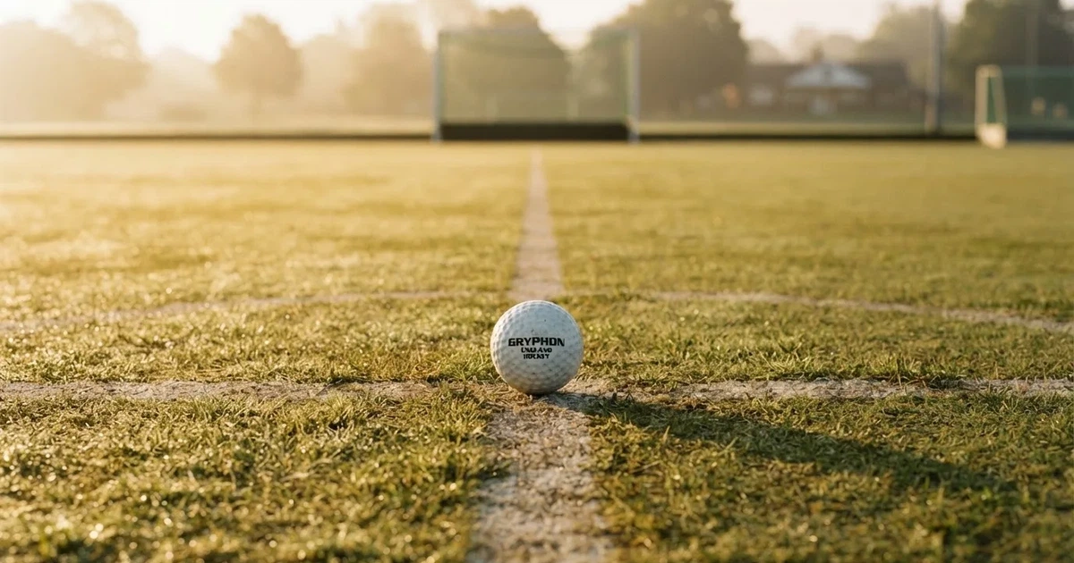 A ball on the centre spot of a grass pitch in morning light