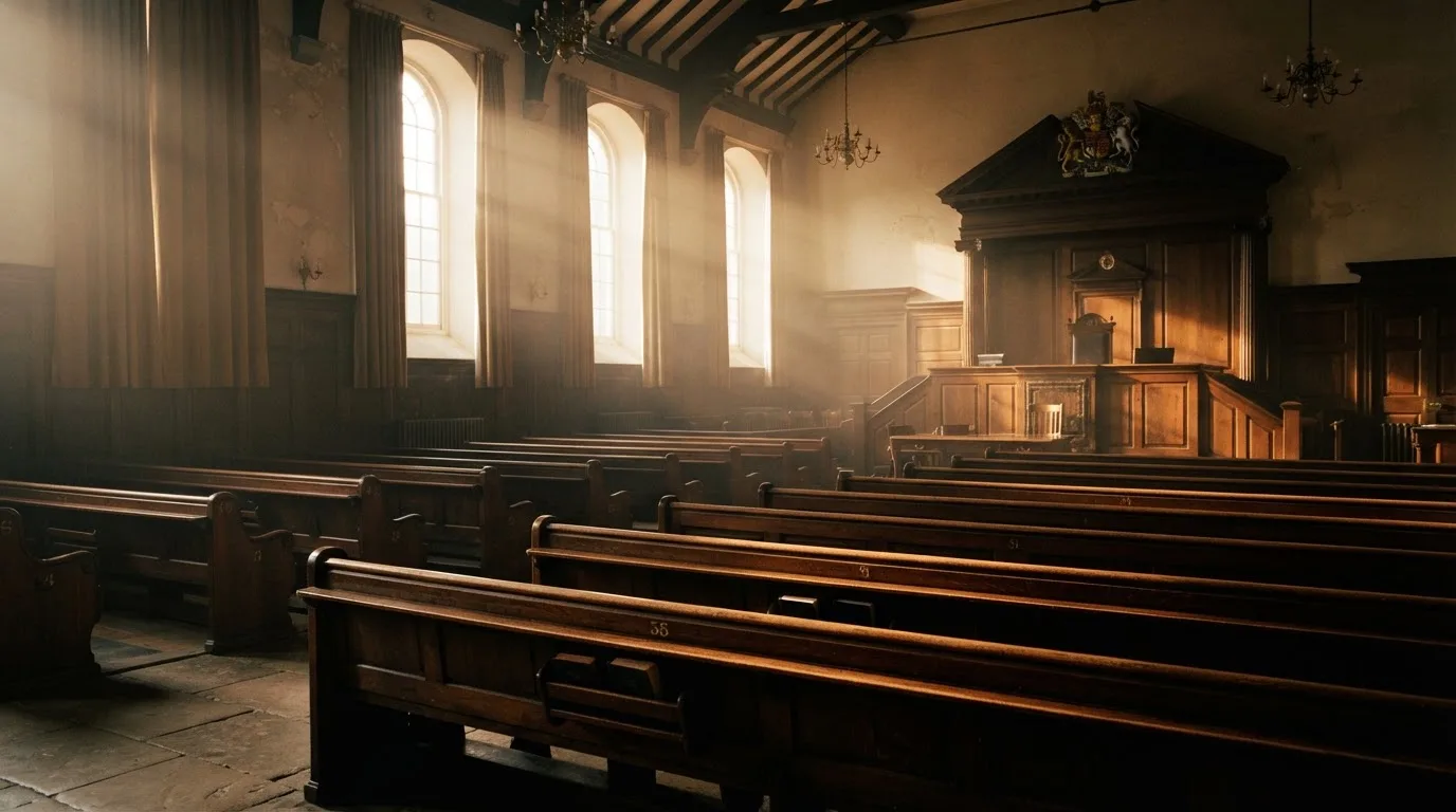 An empty courtroom with wooden benches in morning light