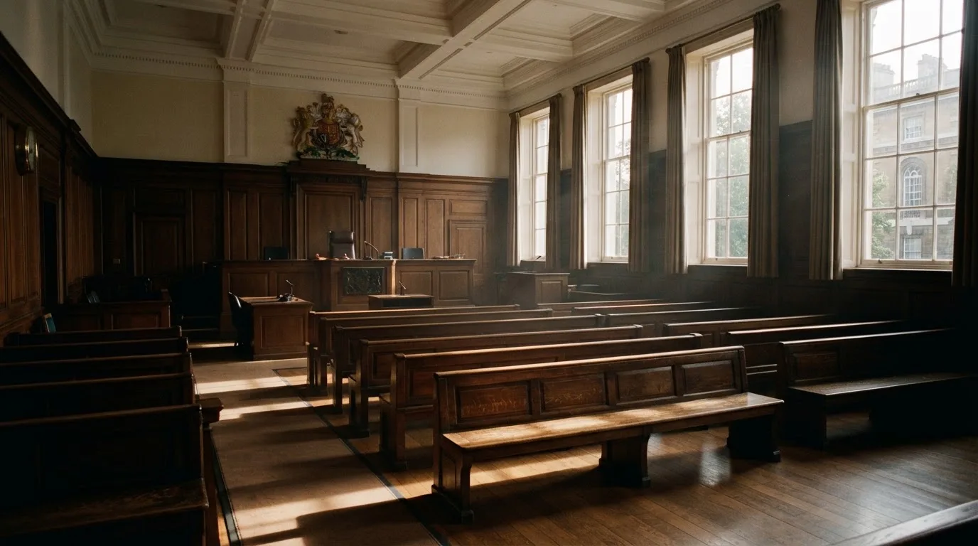 An empty courtroom with wooden benches in morning light