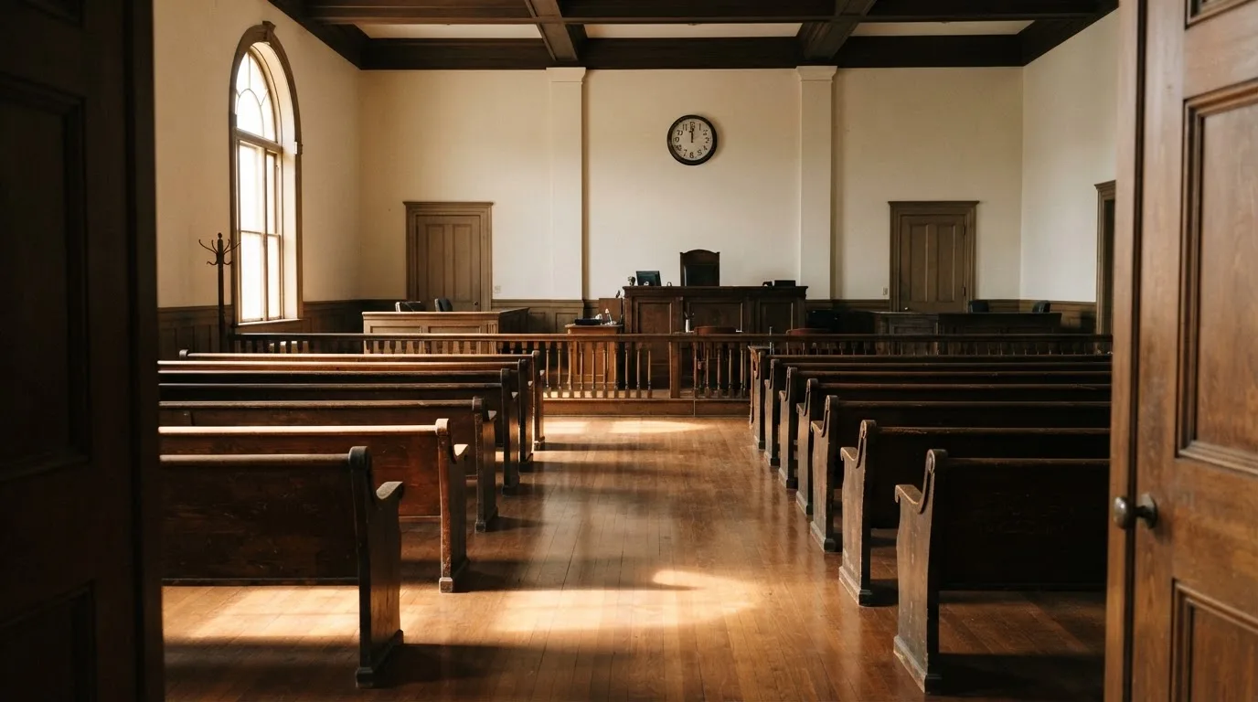 An empty courtroom with wooden benches in morning light