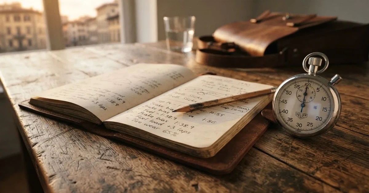 An open notebook with a pencil and a stopwatch on a wooden table