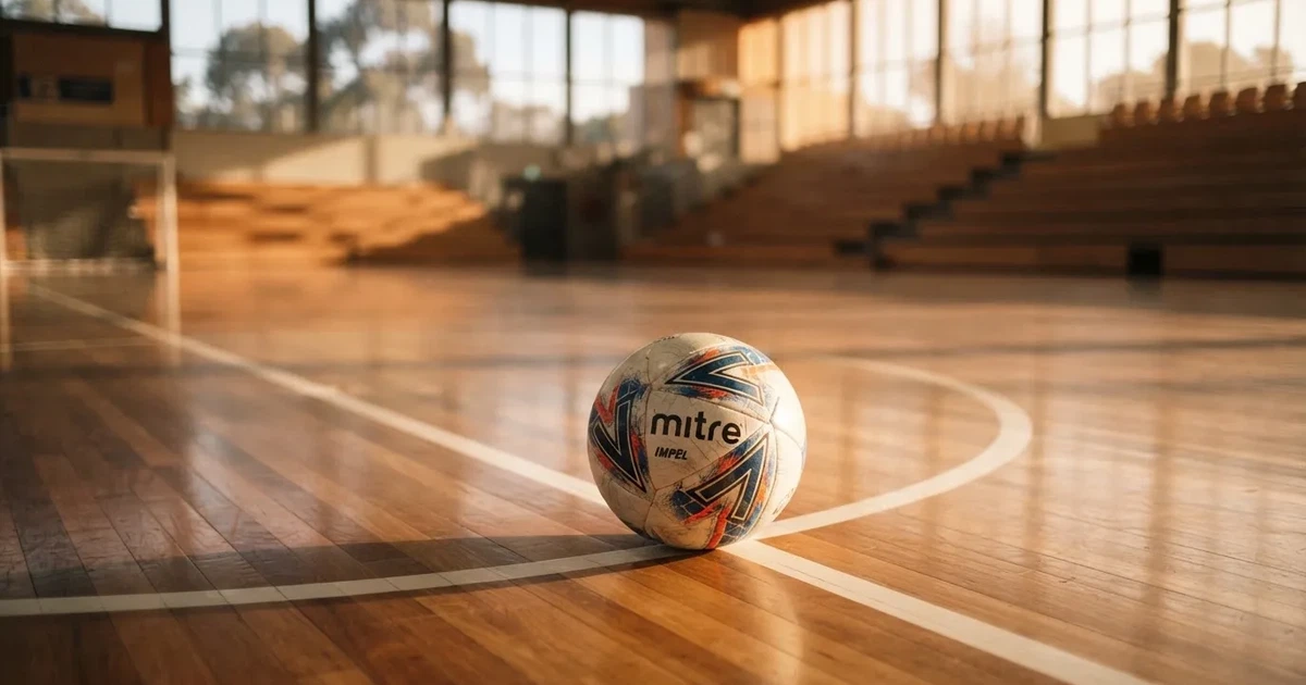 A ball on the centre spot of a grass pitch in morning light