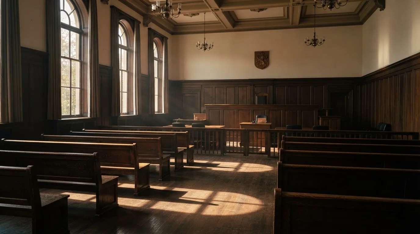 An empty courtroom with wooden benches in morning light